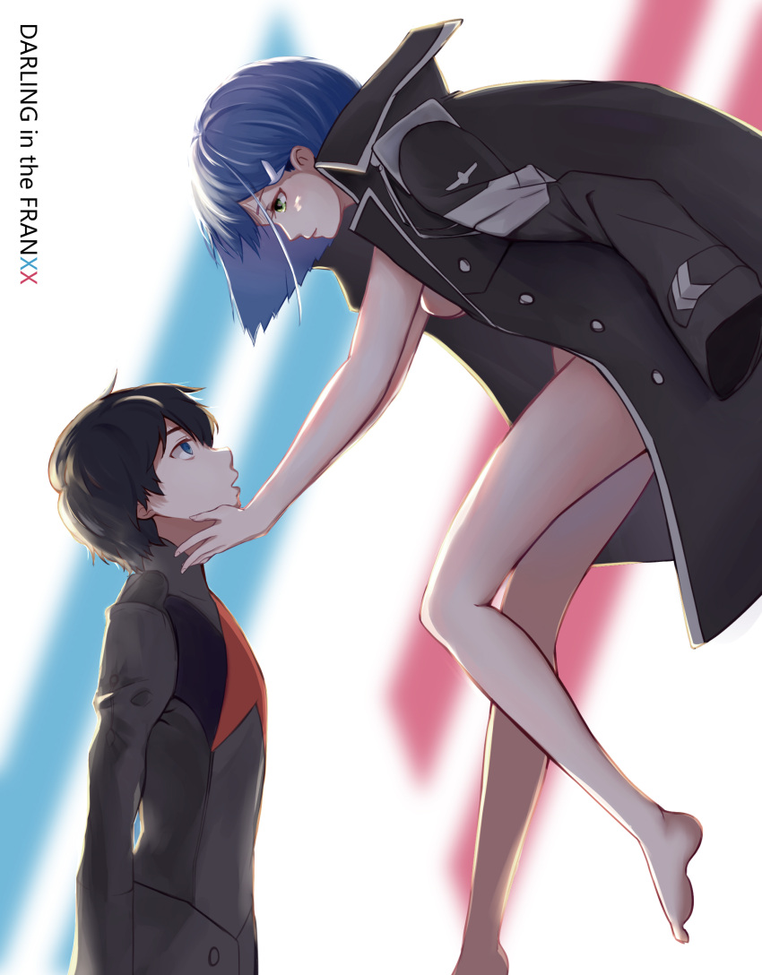 1boy 1girl absurdres black_coat black_hair blue_hair blurry blurry_background breasts darling_in_the_franxx eye_contact green_eyes hair_ornament hairclip hand_on_another's_cheek hand_on_another's_face highres hiro_(darling_in_the_franxx) ichigo_(darling_in_the_franxx) looking_at_another luojiwei naked_coat short_hair uniform