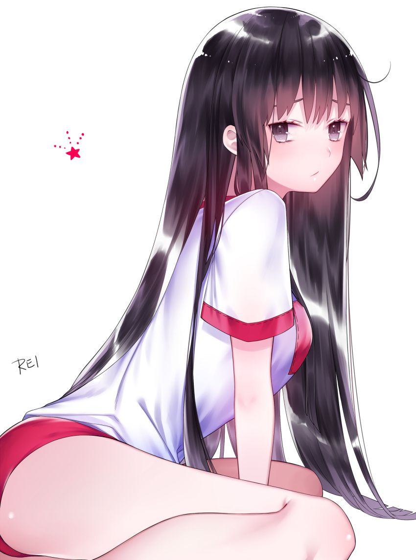 1girl arched_back artist_name bangs between_legs black_hair blush buruma closed_mouth from_side grey_eyes gym_uniform hand_between_legs highres ichinosenen long_hair looking_at_viewer original short_sleeves sidelocks signature simple_background solo thighs tsurime very_long_hair white_background