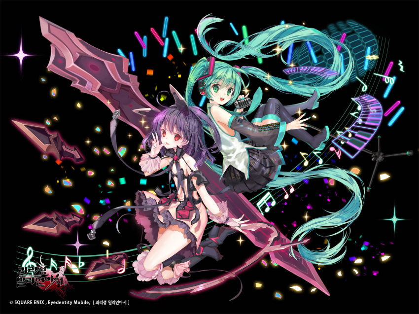 2girls absurdly_long_hair aqua_hair boots detached_sleeves full_body green_eyes hatsune_miku headset high_heels kai-ri-sei_million_arthur knee_boots long_hair microphone mintchoco_(orange_shabette) multiple_girls musical_note nail_polish necktie open_mouth piano_keys purple_hair red_eyes skirt thigh-highs thigh_boots twintails very_long_hair vocaloid