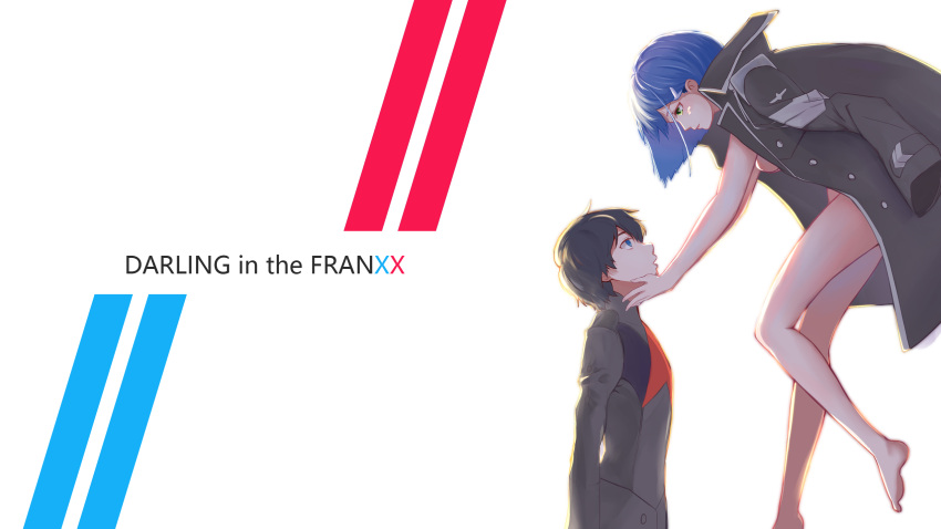 1boy 1girl black_coat black_hair blue_hair blurry blurry_background breasts commentary darling_in_the_franxx eye_contact green_eyes hair_ornament hairclip hand_on_another's_cheek hand_on_another's_face highres hiro_(darling_in_the_franxx) ichigo_(darling_in_the_franxx) looking_at_another luojiwei naked_coat short_hair uniform