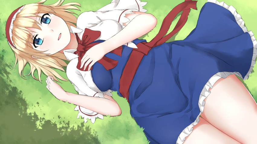 1girl :d alice_margatroid belt bent_elbows blonde_hair blue_dress blue_eyes breasts capelet commentary_request cowboy_shot curled_fingers dress eyebrows_visible_through_hair frilled_dress frilled_hairband frills grass hair_between_eyes hairband hand_on_own_chest highres large_breasts light_blush looking_at_viewer lying neck_ribbon on_back open_mouth red_belt red_hairband red_neckwear ribbon shadow short_hair smile solo thigh-highs tongue touhou upper_teeth white_capelet wujojin