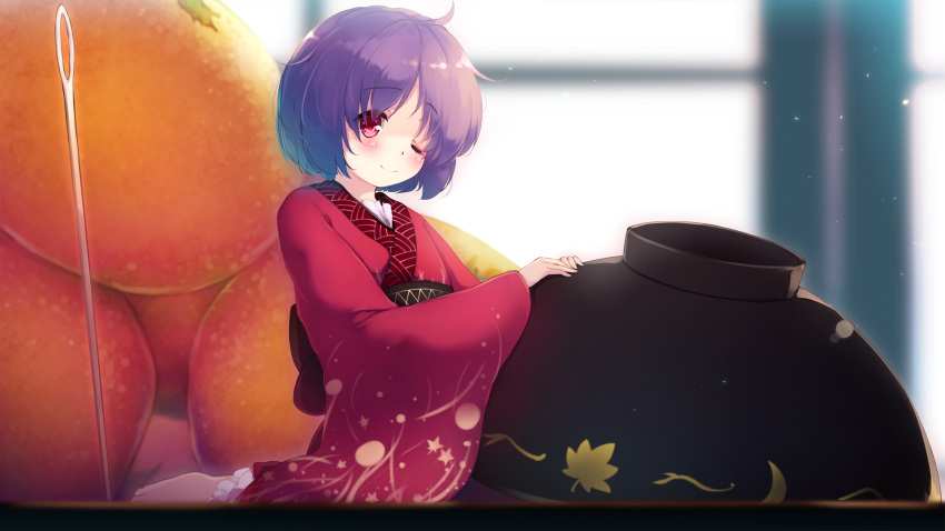 1girl barefoot black_sash blurry blurry_background blush bowl bowl_hat commentary_request eyebrows_visible_through_hair food fruit gengetsu_chihiro hat hat_removed headwear_removed highres japanese_clothes kimono light_particles long_sleeves looking_at_viewer mandarin_orange needle obi one_eye_closed orange purple_hair red_eyes red_kimono sash short_hair sitting smile solo sukuna_shinmyoumaru touhou wide_sleeves window
