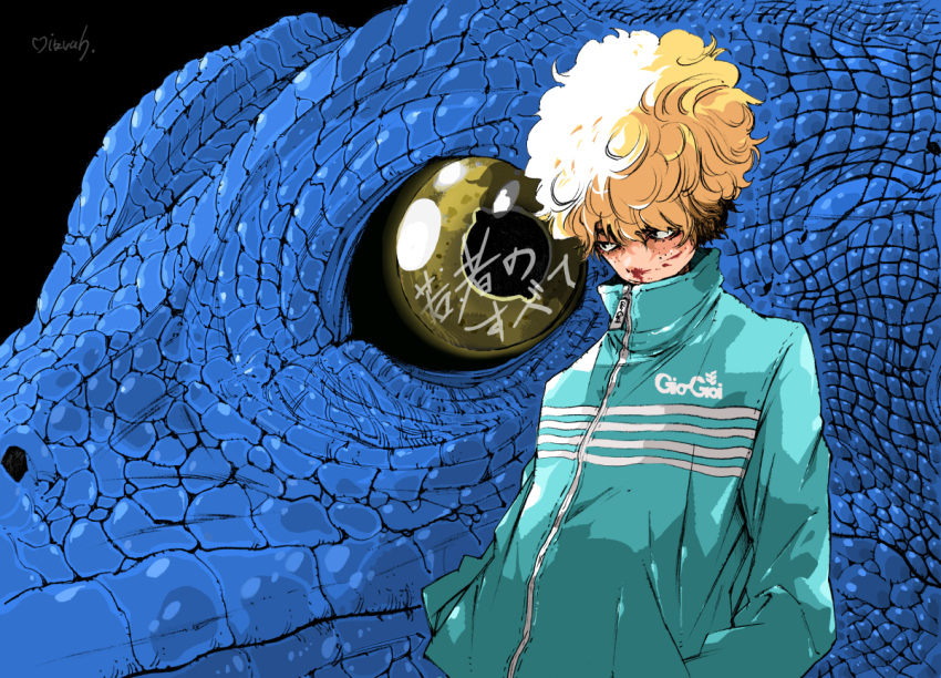 1boy animal blonde_hair bloody_nose curly_hair freckles graphite_(medium) hands_in_pockets jacket lizard makkamu mechanical_pencil original oversized_animal pencil short_hair signature track_jacket track_suit traditional_media yellow_eyes