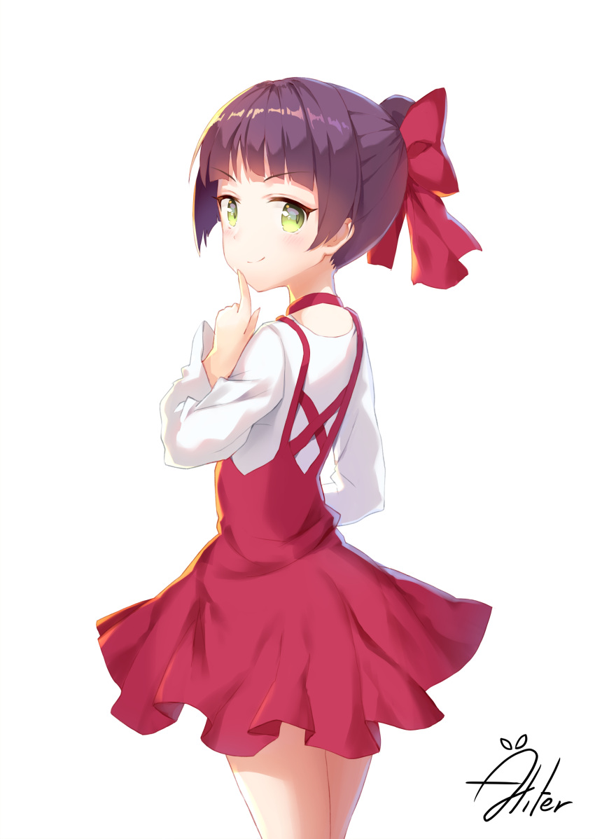&gt;:) 1girl absurdres aliter blush bow closed_mouth commentary_request cowboy_shot dress finger_to_mouth fingernails gegege_no_kitarou green_eyes hair_bow highres looking_at_viewer looking_to_the_side nekomusume nekomusume_(gegege_no_kitarou_6) purple_hair red_bow red_dress shirt signature simple_background sleeveless sleeveless_dress smile solo v-shaped_eyebrows white_background white_shirt