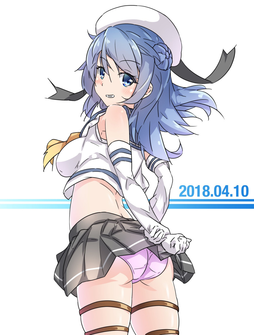 1girl 2018 ass blue_eyes blue_hair breasts cowboy_shot crop_top dated double_bun elbow_gloves eyebrows_visible_through_hair from_behind gloves grey_skirt grin hair_between_eyes harukawa_(hal501) hat highres kantai_collection large_breasts looking_at_viewer looking_back midriff neckerchief panties pantyshot pantyshot_(standing) pink_panties pleated_skirt sailor_hat school_uniform serafuku simple_background skindentation skirt sleeves_rolled_up smile solo standing thigh_strap underwear urakaze_(kantai_collection) white_background white_gloves yellow_neckwear