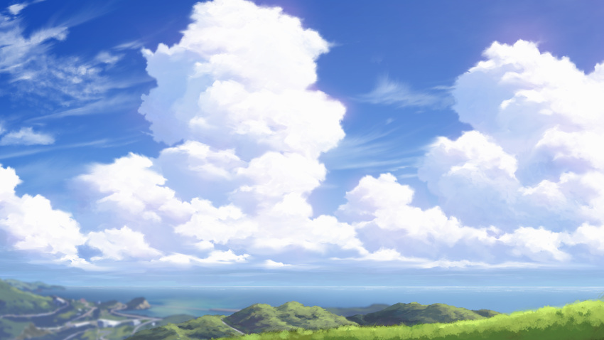 blue_sky clouds cloudy_sky commentary_request day grass highres hill horizon ocean original outdoors scenery sky yumiru