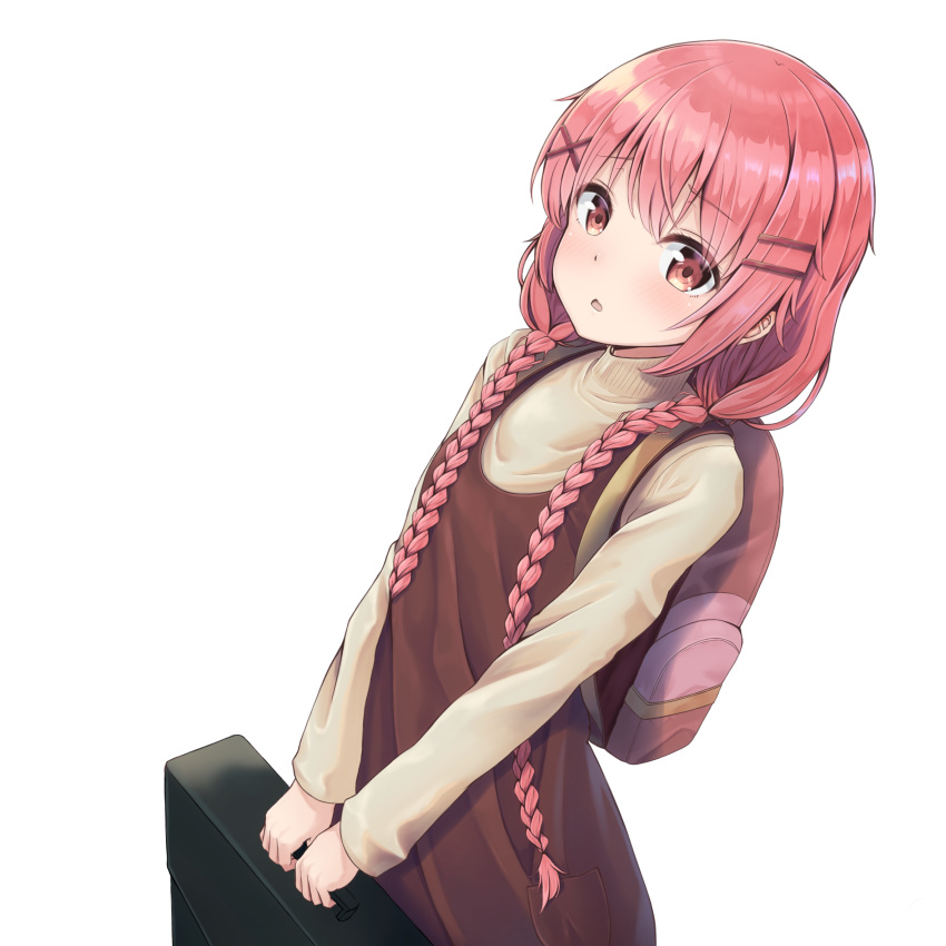 1girl backpack bag blush braid brown_dress comic_girls dress eyebrows_visible_through_hair grey_sweater hair_between_eyes hair_ornament highres holding holding_bag irise long_hair looking_at_viewer low_twintails moeta_kaoruko open_mouth pinafore_dress pink_hair red_eyes redhead shiny shiny_hair simple_background sleeveless sleeveless_dress solo standing suitcase sweater twin_braids twintails white_background x_hair_ornament