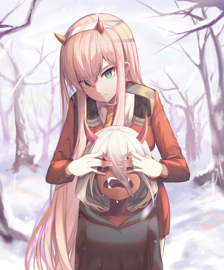 2girls blurry blurry_background covering_another's_eyes crying darling_in_the_franxx dual_persona expressionless green_eyes highres hood horns horns_through_headwear long_hair long_sleeves looking_at_viewer military military_uniform multiple_girls pink_hair red_skin sharp_teeth slit_pupils snow spoilers sugar_(dndi888) tagme tears teeth uniform white_hair winter younger zero_two_(darling_in_the_franxx)