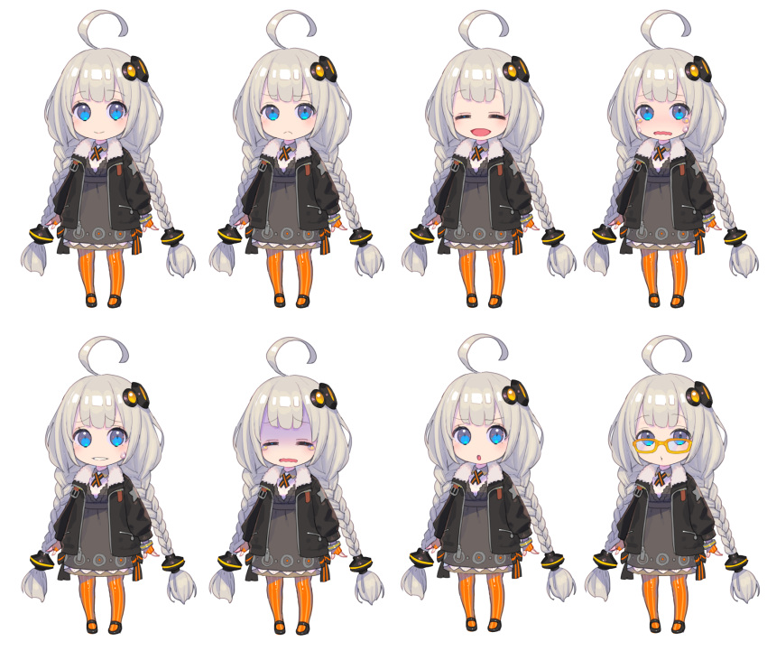 1girl :d :o =_= ahoge bangs black_footwear black_jacket blue_eyes blush braid chibi closed_eyes closed_mouth collared_dress commentary_request crying crying_with_eyes_open dress expressions eyebrows_visible_through_hair fingerless_gloves frown fur_trim glasses gloves grey_dress grey_gloves hair_ornament highres jacket kizuna_akari long_hair looking_at_viewer multiple_views nagisa_kurousagi nervous_smile open_clothes open_jacket open_mouth orange_legwear pantyhose parted_lips ribbed_legwear shaded_face shoes simple_background smile standing striped striped_legwear sweatdrop tearing_up tears turn_pale twin_braids vertical-striped_legwear vertical_stripes very_long_hair voiceroid wavy_mouth white_background yellow-framed_eyewear