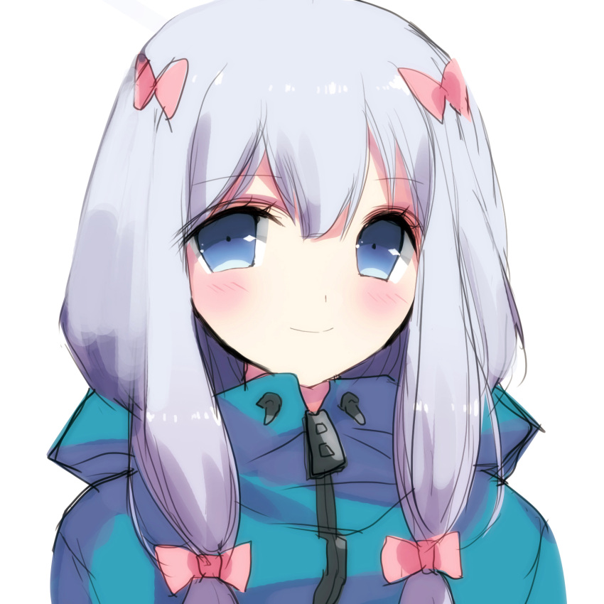 1girl bangs blue_eyes blush bow closed_mouth commentary eromanga_sensei eyebrows_visible_through_hair hair_between_eyes hair_bow highres izumi_sagiri jacket looking_at_viewer misteor multicolored multicolored_clothes multicolored_jacket original purple_hair red_bow smile solo tiny_pupils twintails white_background zipper