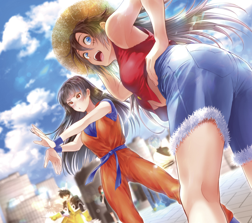 :d black_hair blue_eyes blue_shorts blue_sky blurry blurry_background breasts brown_eyes brown_hair clouds cosplay cosplay_request day dutch_angle facial_scar floating_hair from_below hand_on_hip hat highres hime_cut kisaragi_mizu long_hair looking_at_viewer medium_breasts monkey_d_luffy monkey_d_luffy_(cosplay) multiple_girls open_mouth original outdoors sakata_gintoki sakata_gintoki_(cosplay) scar scar_on_cheek shorts sky sleeveless smile son_gokuu son_gokuu_(cosplay) straw_hat torn_clothes torn_shorts under_boob very_long_hair wristband yellow_hat