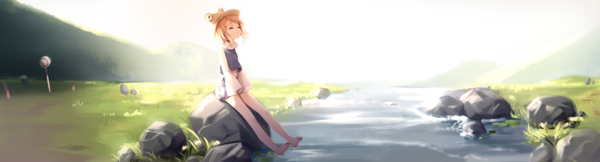1girl bare_legs barefoot blonde_hair brown_hat closed_eyes closed_mouth commentary_request day grass hat highres kyuri_tizu long_sleeves looking_up miniskirt moriya_suwako outdoors purple_skirt river road_sign rock scenery sign sitting skirt skirt_set sleeves_past_wrists solo touhou turtleneck vest water