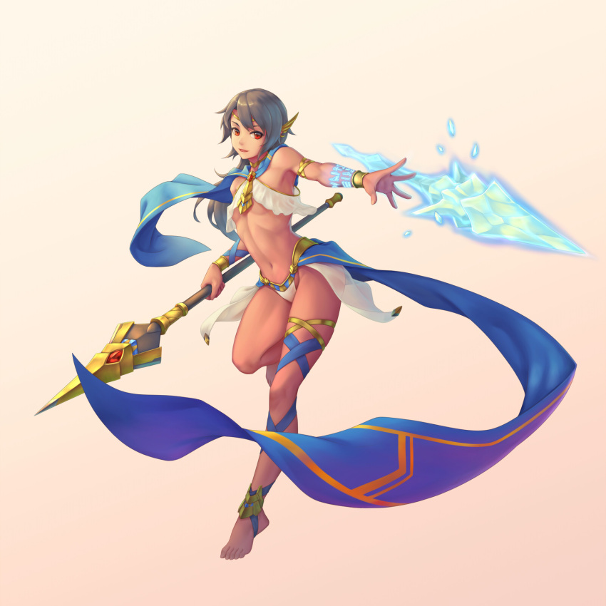 1girl armlet armpits bare_shoulders barefoot bigrbear bracelet breasts commentary_request dark_elf elf grey_hair hair_ornament highres holding holding_weapon ice jewelry legband long_hair looking_at_viewer magic navel original parted_lips pointy_ears polearm red_eyes simple_background small_breasts smile solo spear standing standing_on_one_leg tiptoes weapon yellow_background