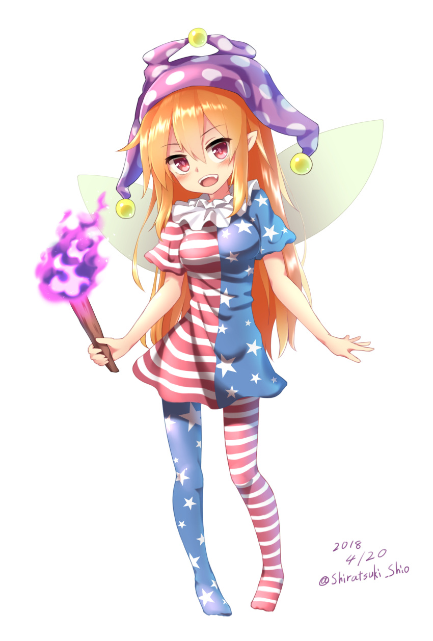 1girl american_flag_dress american_flag_legwear blonde_hair breasts clownpiece dress fairy_wings fire full_body hat highres holding jester_cap looking_at_viewer medium_breasts neck_ruff no_shoes open_mouth pantyhose pointy_ears polka_dot purple_hat red_eyes shiny_shinx short_dress short_sleeves simple_background smile solo standing star star_print striped torch touhou white_background wings