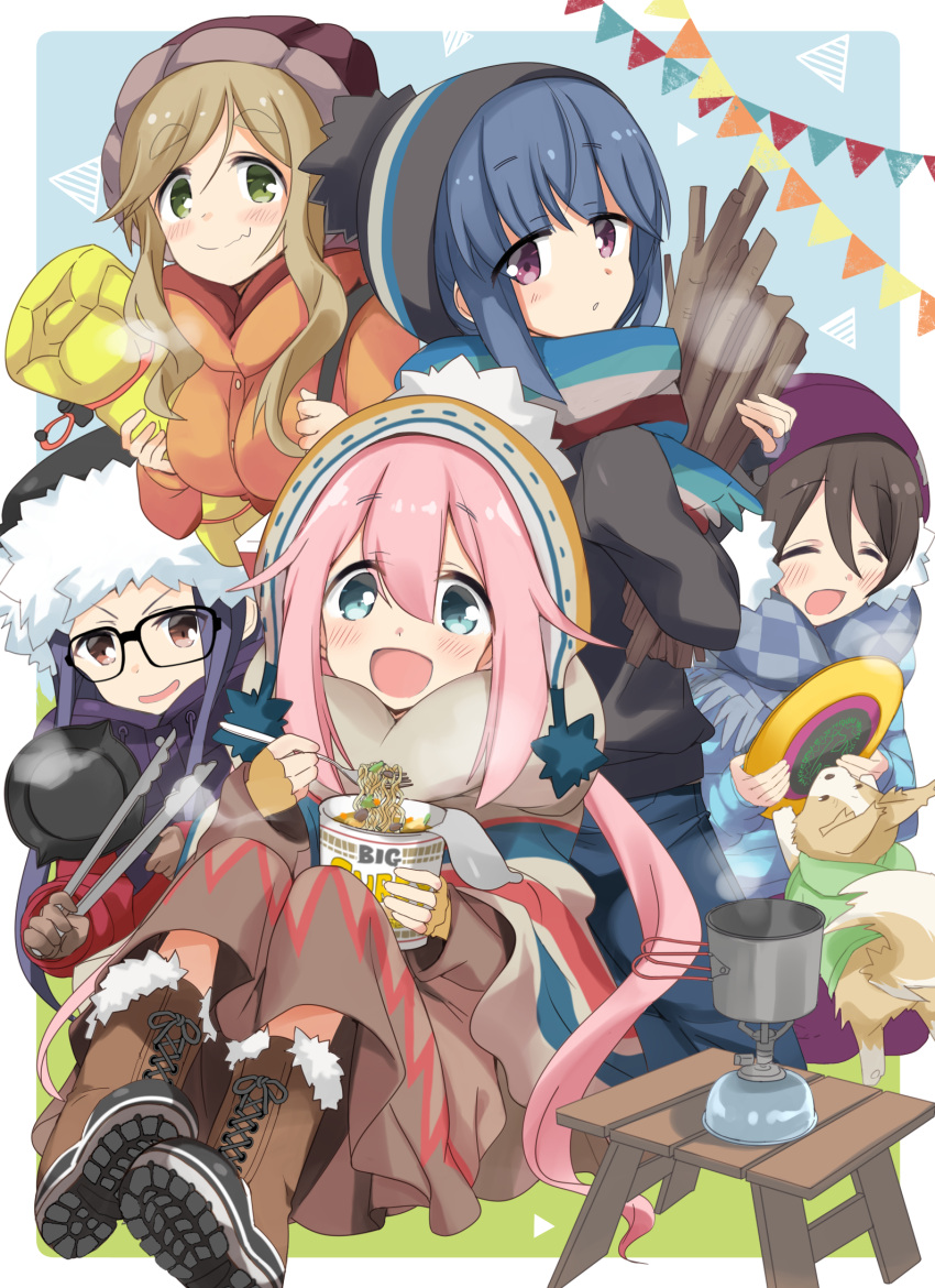 5girls bangs beanie blue_hair boots breath brown_eyes brown_footwear brown_hair checkered checkered_scarf chikuwa_(yurucamp) closed_eyes coat commentary_request cross-laced_footwear dog earmuffs firewood fur-trimmed_boots fur_trim glasses green_eyes green_scarf grey_scarf hair_bun hat highres hizuki_yayoi inuyama_aoi jacket kagamihara_nadeshiko lace-up_boots long_hair looking_at_viewer oogaki_chiaki pink_hair ramen saitou_ena scarf shawl shima_rin short_hair stool stove striped striped_scarf swept_bangs thick_eyebrows tongs violet_eyes winter_clothes yurucamp