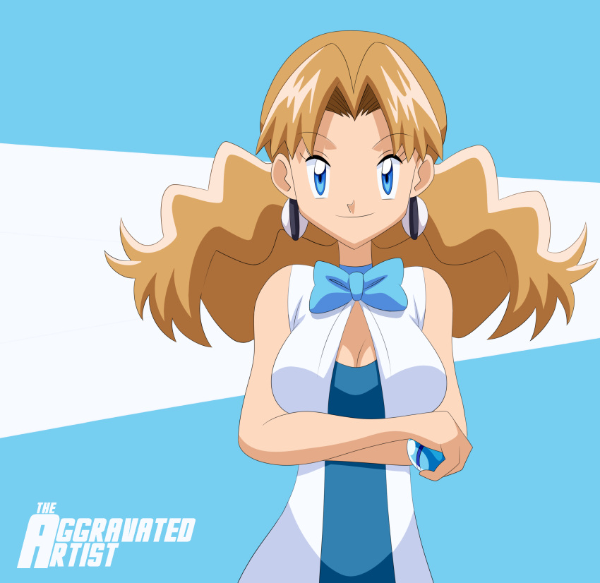 1girl aggrav8edartist artist_name blue_dress blue_eyes breasts brown_hair cleavage crossed_arms dress earrings highres holding holding_poke_ball jewelry large_breasts long_hair looking_at_viewer mii_snowdon older poke_ball pokemon pokemon_(anime) sleeveless sleeveless_dress solo