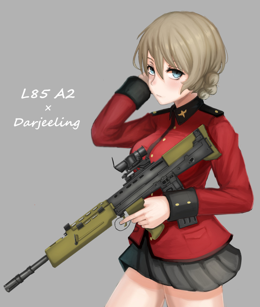 1girl absurdres arm_behind_head assault_rifle bangs black_skirt blonde_hair blue_eyes braid bullpup character_name closed_mouth commentary cowboy_shot cursive darjeeling english epaulettes girls_und_panzer grey_background gun highres holding holding_gun holding_weapon jacket l85 light_frown long_sleeves looking_at_viewer military military_uniform miniskirt pleated_skirt red_jacket rifle short_hair simple_background skirt solo st._gloriana's_military_uniform tacch tied_hair trigger_discipline twin_braids uniform weapon
