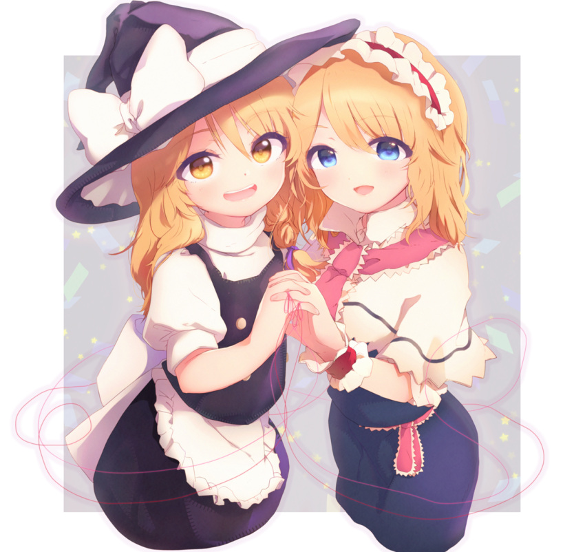 2girls :d alice_margatroid apron bangs black_hat black_skirt blonde_hair blue_eyes bow capelet commentary_request cowboy_shot eyebrows_visible_through_hair hand_holding hat hat_bow headband kirisame_marisa long_hair looking_at_viewer multiple_girls nva222 open_mouth puffy_short_sleeves puffy_sleeves red_string short_sleeves skirt skirt_set smile string touhou waist_apron white_apron white_bow witch_hat yellow_eyes