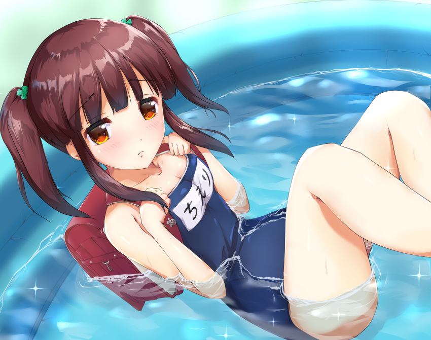 1girl backpack bag blue_swimsuit brown_eyes brown_hair clover competition_school_swimsuit four-leaf_clover hair_ornament highres idolmaster idolmaster_cinderella_girls idolmaster_cinderella_girls_starlight_stage kuroba_aki name_tag ogata_chieri original partially_submerged randoseru school_swimsuit sitting solo swimsuit twintails wading_pool water