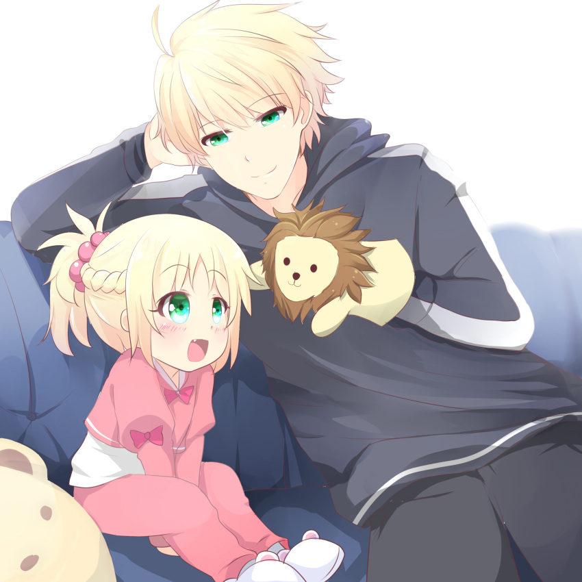 1boy 1girl :d agung_syaeful_anwar blonde_hair blush bow braid child closed_mouth commentary eyebrows_visible_through_hair fang fate/apocrypha fate/prototype fate_(series) french_braid green_eyes hair_bobbles hair_ornament happy highres hood hood_down hoodie long_sleeves looking_at_another mordred_(fate) mordred_(fate)_(all) open_mouth pants pink_bow pink_pants ponytail saber_(fate/prototype) sitting slippers smile sock_puppet