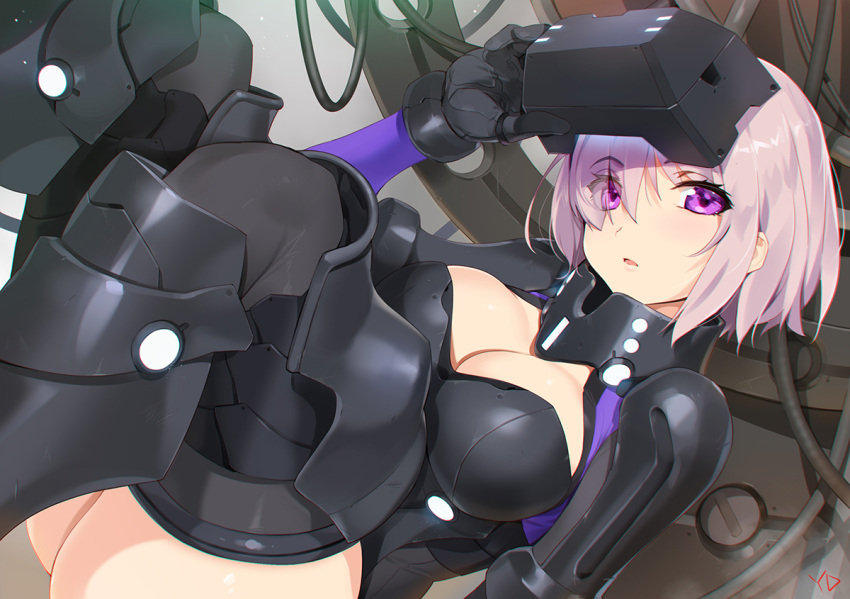 1girl adjusting_headwear ass black_legwear black_leotard breastplate breasts cable cleavage cleavage_cutout collar commentary_request cuffs elbow_gloves eyebrows_visible_through_hair eyes_visible_through_hair fate/grand_order fate_(series) gloves gorget greaves grey_background hair_over_one_eye headgear knees_up large_breasts lavender_hair leotard looking_at_viewer mash_kyrielight orthenaus parted_lips pauldrons shield short_hair simple_background solo thighs violet_eyes vr_visor white_background yang-do