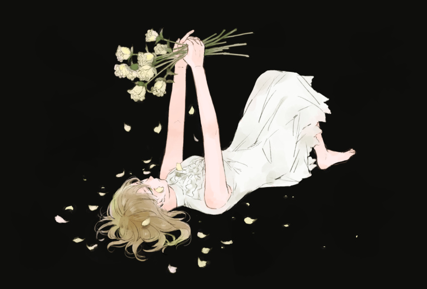 1girl arms_up barefoot black_background brown_eyes brown_hair commentary_request dress expressionless flower full_body hands_together hinao_(flowerrabbit2348) looking_up lying on_floor original outstretched_arms petals rose short_hair simple_background sleeveless sleeveless_dress upside-down white_dress white_flower white_rose