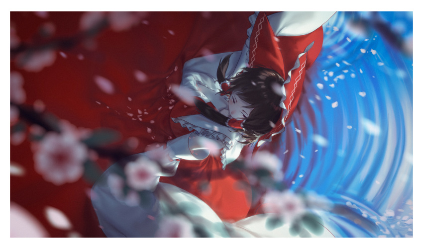 1girl black_eyes black_hair blurry blurry_foreground bow cherry_blossoms chun_lanlanlan commentary_request depth_of_field detached_sleeves from_above hair_bow hair_tubes hakurei_reimu highres red_bow red_skirt ribbon-trimmed_sleeves ribbon_trim ripples sidelocks skirt solo touhou water