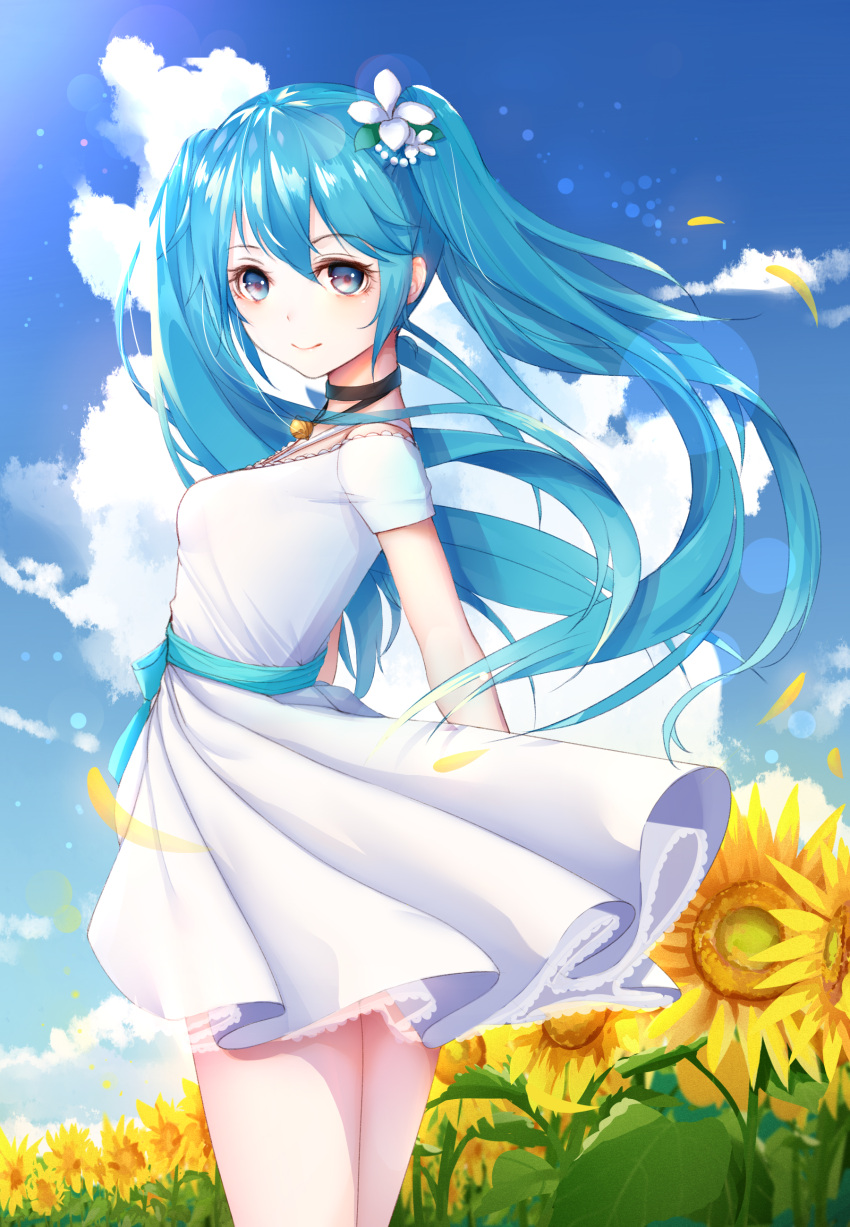 1girl absurdres aqua_eyes aqua_hair bell bell_choker choker clouds cowboy_shot dress floating_hair flower from_side hatsune_miku highres jingle_bell light_smile long_hair looking_at_viewer outdoors sky solo spinuo twintails very_long_hair vocaloid white_dress