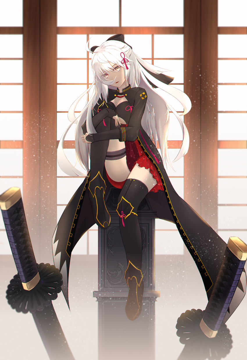 1girl alternate_skin_color backlighting bangs black_bow black_legwear bow breasts cleavage dress fate/grand_order fate_(series) floating_hair full_body hair_between_eyes hair_bow hair_ornament highres katana large_breasts lipstick long_hair looking_at_viewer makeup okita_souji_(alter)_(fate) okita_souji_(fate)_(all) pleated_dress red_dress red_lips short_dress silver_hair sitting solo sword thigh-highs thigh_strap under_boob very_long_hair weapon yellow_eyes zettai_ryouiki