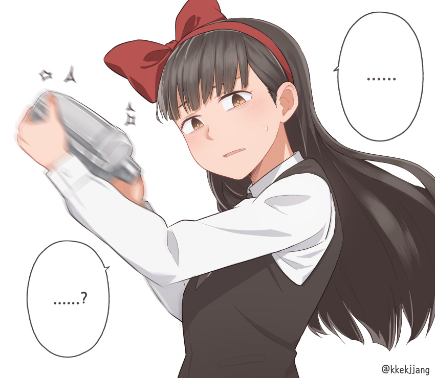 ... ...? 1girl bangs bartender black_hair black_neckwear black_vest blush bow brown_eyes hair_bow hairband highres hinamatsuri_(manga) long_hair long_sleeves mishima_hitomi motion_blur necktie red_bow red_hairband shaking shirt simple_background solo speech_bubble sweatdrop texus twitter_username upper_body vest white_background white_shirt