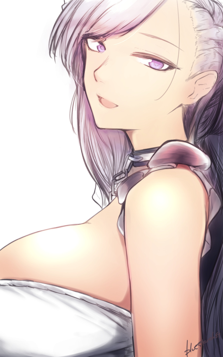 1girl asymmetrical_bangs azur_lane bangs belfast_(azur_lane) blue_eyes blush braid breasts chains collar dress french_braid frills from_side half-closed_eyes head_tilt highres kojima_(blue_stardust) large_breasts long_hair looking_at_viewer maid open_mouth portrait signature silver_hair simple_background smile solo white_background