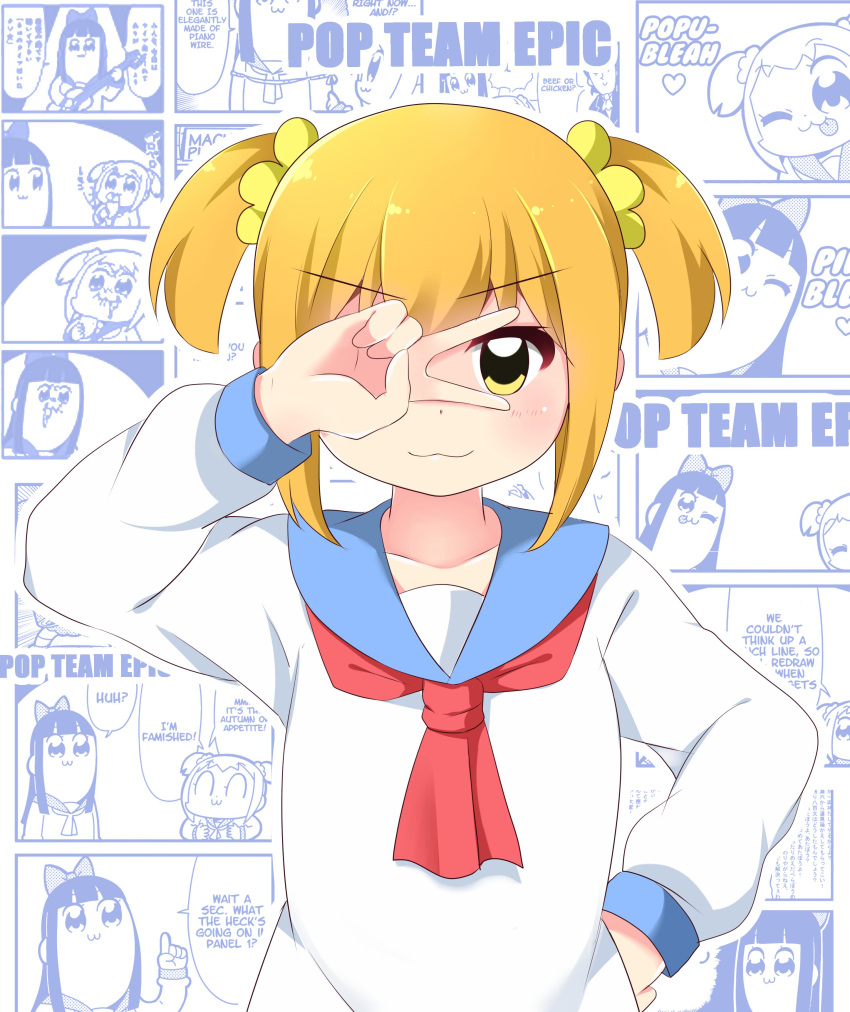 1girl :3 absurdres agung_syaeful_anwar blonde_hair blue_sailor_collar blush commentary copyright_name english_commentary hair_ornament hair_scrunchie hand_on_hip hand_up highres looking_at_viewer necktie one_eye_covered pipimi poptepipic popuko red_neckwear sailor_collar scrunchie shirt smile smug solo two_side_up upper_body v v_over_eye white_shirt yellow_eyes
