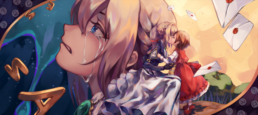 1girl 2girls anne_magnolia bangs blonde_hair blue_eyes blue_jacket braid brooch brown_hair cheek_kiss crying crying_with_eyes_open dress envelope from_side gloves hair_between_eyes hair_intakes hair_ribbon jacket jewelry kiss letter long_sleeves lsp87972926 multiple_girls red_dress red_ribbon ribbon squatting tears typewriter violet_evergarden violet_evergarden_(character) white_neckwear