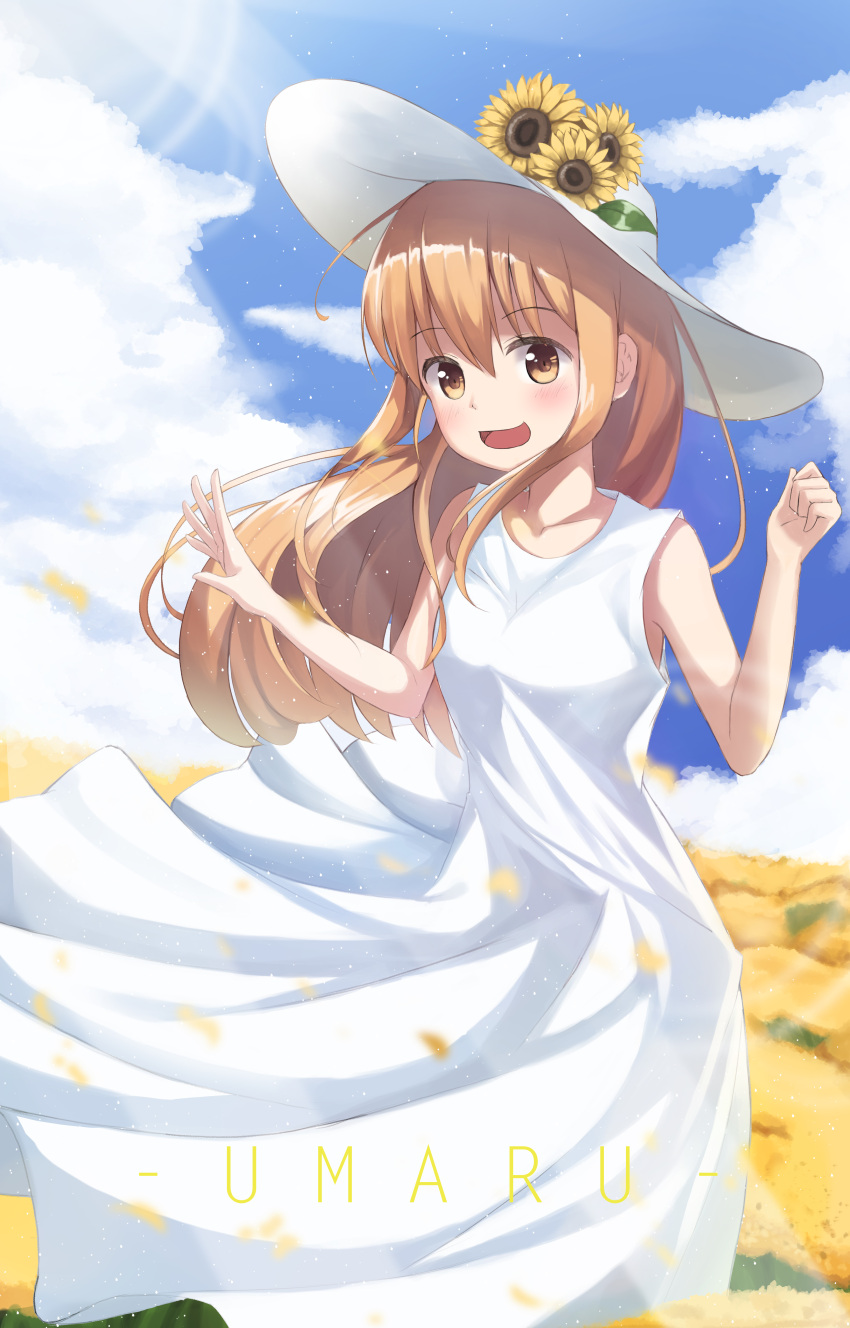 1girl absurdres blonde_hair blue_sky character_name clouds collarbone day doma_umaru dress field floating_hair flower flower_field hat hat_flower highres himouto!_umaru-chan kimyo long_dress long_hair outdoors sky sleeveless sleeveless_dress solo standing sun_hat sundress sunflower white_dress white_hat yellow_flower