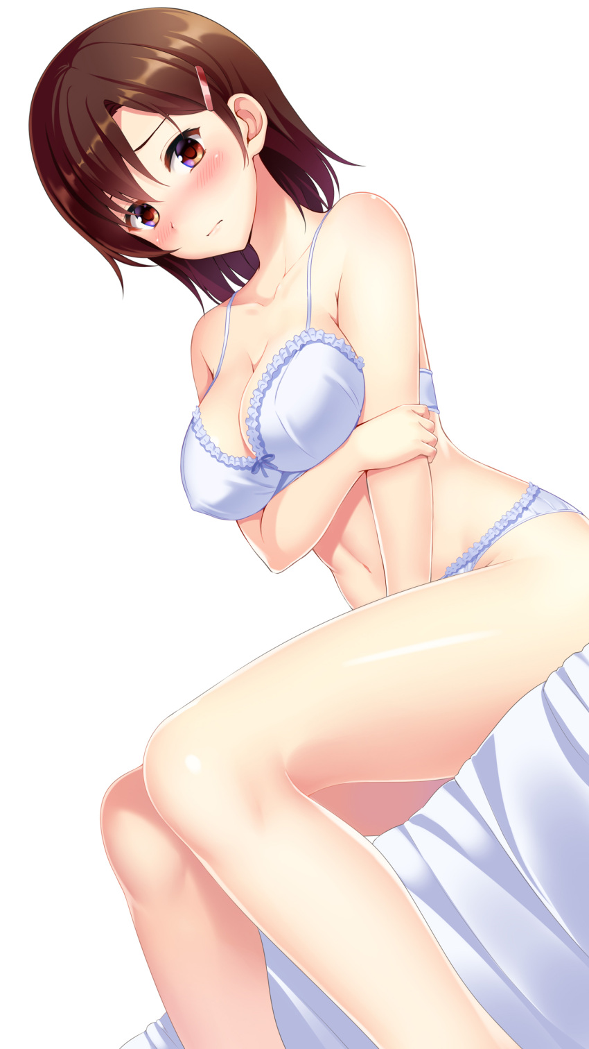 1girl absurdres bed_sheet between_legs blush bra breasts brown_eyes brown_hair cleavage dutch_angle embarrassed erect_nipples hair_ornament hairclip hand_between_legs highres huyumitsu looking_at_viewer medium_breasts midriff navel original panties shiny shiny_skin short_hair sideboob simple_background sitting solo stomach underwear underwear_only white_background white_bra white_panties