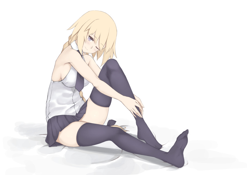 1girl ;) bangs bare_arms bare_shoulders bed_sheet black_bow black_legwear black_skirt blonde_hair blush bow braid breasts closed_mouth commentary_request eyebrows_visible_through_hair fate/apocrypha fate_(series) hair_between_eyes hair_bow head_tilt highres jeanne_d'arc_(fate) jeanne_d'arc_(fate)_(all) jilu long_hair looking_at_viewer medium_breasts no_shoes one_eye_closed pleated_skirt shirt sideboob single_braid sitting skirt sleeveless sleeveless_shirt smile solo thigh-highs very_long_hair violet_eyes white_background white_shirt