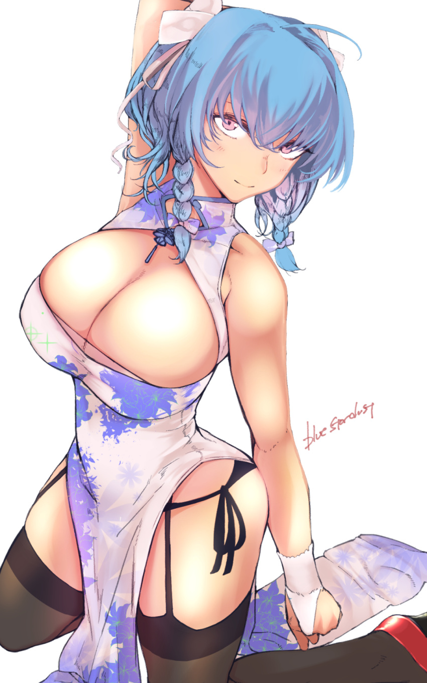 1girl ahoge alternate_costume arm_at_side arm_behind_head armpits azur_lane bangs bare_shoulders black_legwear black_panties blue_hair blush bow braid breasts bridal_gauntlets calligraphy_brush china_dress chinese_clothes cleavage cleavage_cutout closed_mouth crossed_bangs dress eyebrows_visible_through_hair floral_print garter_straps gloves hair_between_eyes hair_bow hair_ribbon highres kneeling kojima_(blue_stardust) large_breasts long_hair looking_at_viewer paintbrush panties pelvic_curtain pumps purple_bow red_footwear ribbon side-tie_panties side_braid side_slit sidelocks signature simple_background smile solo st._louis_(azur_lane) thigh-highs thighs underwear violet_eyes white_background white_bow white_dress white_ribbon