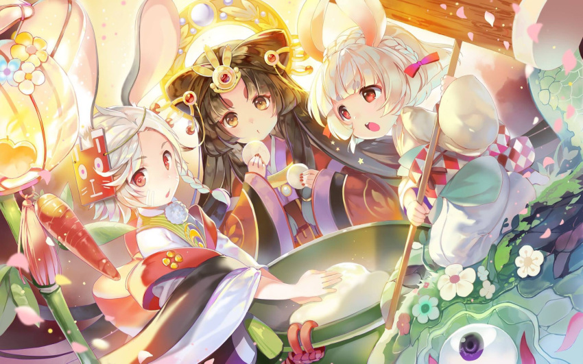 3girls animal_ears bangs black_hair blue_flower blurry blurry_background blush braid brown_eyes carrot copyright_request depth_of_field eyeball eyebrows_visible_through_hair fingernails flower food hair_ornament highres holding holding_food japanese_clothes kimono kine long_hair long_sleeves looking_at_viewer mallet mochi mortar multiple_girls nail_polish obi open_mouth parted_lips petals rabbit_ears red_eyes red_kimono red_nails sash short_eyebrows sibyl silver_hair thick_eyebrows upper_teeth very_long_hair violet_eyes wagashi white_flower white_kimono wide_sleeves yellow_flower