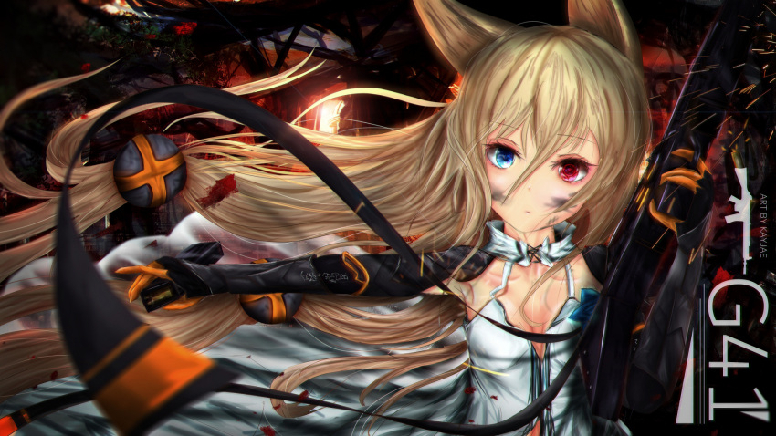 1girl animal_ears armor artist_name assault_rifle bangs black_gloves blonde_hair blood blood_splatter blue_eyes blue_flower blue_rose blurry breasts character_name cleavage closed_mouth collarbone dirt dirty_face dress expressionless eyebrows_visible_through_hair floating_hair flower g41_(girls_frontline) girls_frontline gloves gun h&amp;k_g41 hair_between_eyes hair_ornament heckler_&amp;_koch heterochromia highres holding holding_gun holding_weapon kayjae light_particles long_hair looking_at_viewer magazine_(weapon) open_clothes open_dress red_eyes reloading rifle rose sidelocks small_breasts solo sparks symbol-shaped_pupils twintails underwear very_long_hair weapon white_dress