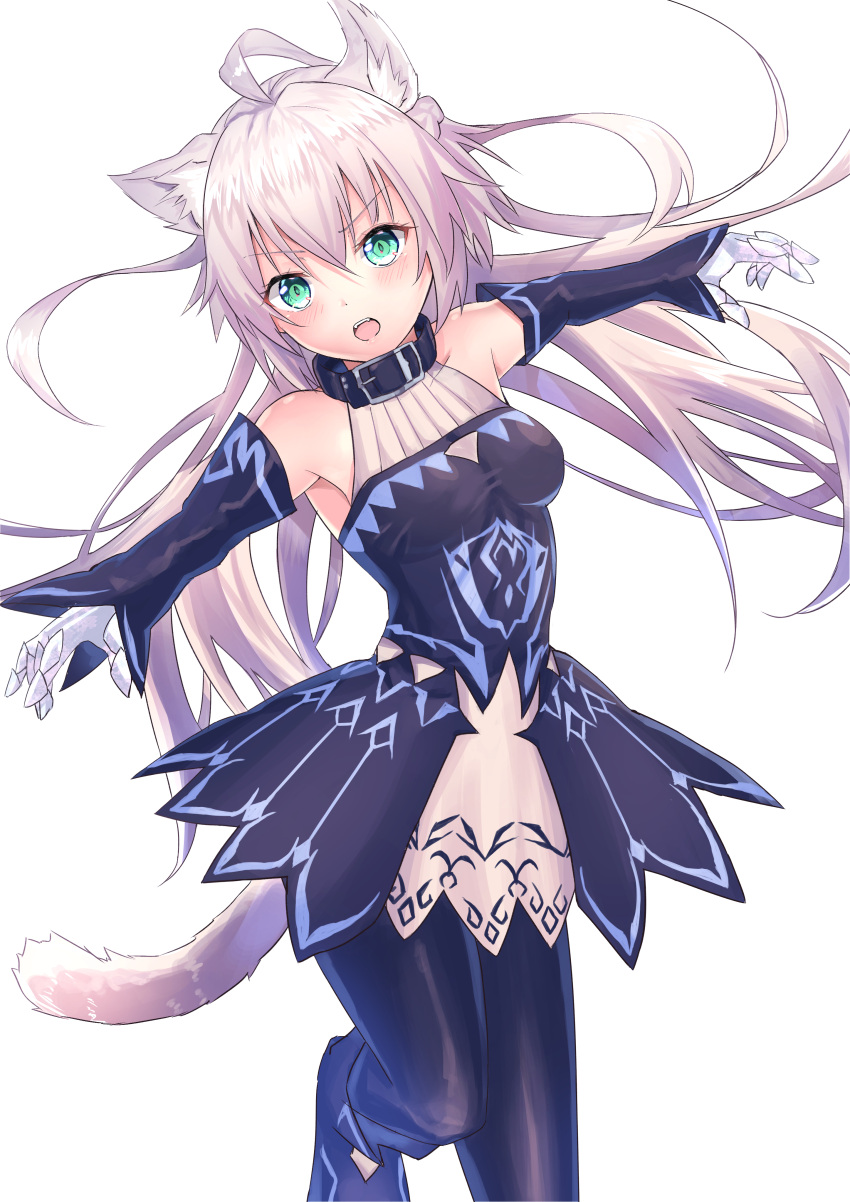 1girl absurdres agrius_metamorphosis ahoge animal_ears arms_at_sides atalanta_(alter)_(fate) bangs bare_shoulders black_dress black_legwear black_pants blush braid breasts cat_ears collar cowboy_shot detached_sleeves dress eyebrows_visible_through_hair fangs fate/grand_order fate_(series) gauntlets green_eyes hair_between_eyes halterneck head_tilt highres leaning_to_the_side long_hair looking_at_viewer muragaki_(sgxx4878) one_leg_raised open_mouth pants side_braid silver_hair solo standing standing_on_one_leg tail very_long_hair white_background