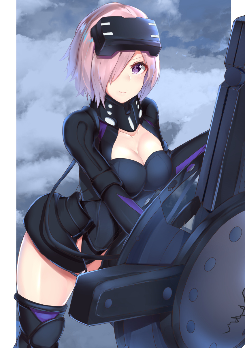 1girl absurdres armor armored_dress boots breasts cleavage cleavage_cutout clouds commentary_request elbow_gloves eyebrows_visible_through_hair fate/grand_order fate_(series) gloves hair_ornament hair_over_one_eye highres leaning_forward leotard looking_at_viewer mash_kyrielight medium_breasts nanakaku orthenaus pink_hair shield short_hair solo standing thigh-highs thigh_boots thighs violet_eyes