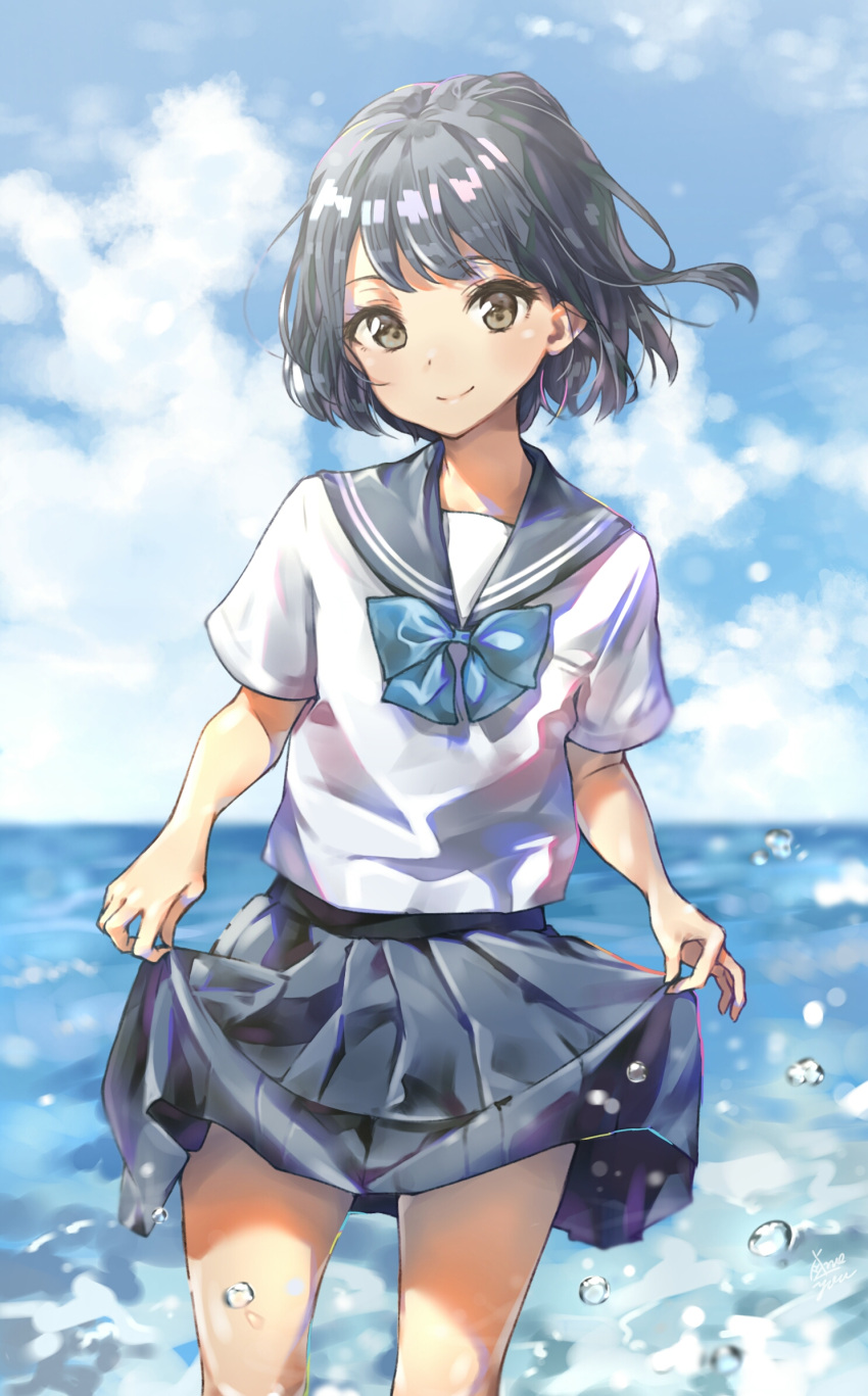1girl bangs black_hair blue_bow blue_skirt blue_sky bow bowtie brown_eyes clouds cowboy_shot day highres looking_at_viewer miniskirt ocean original outdoors pleated_skirt shiny shiny_hair shirt short_hair short_sleeves skirt skirt_hold sky smile solo standing takenoko_no_you wading white_shirt