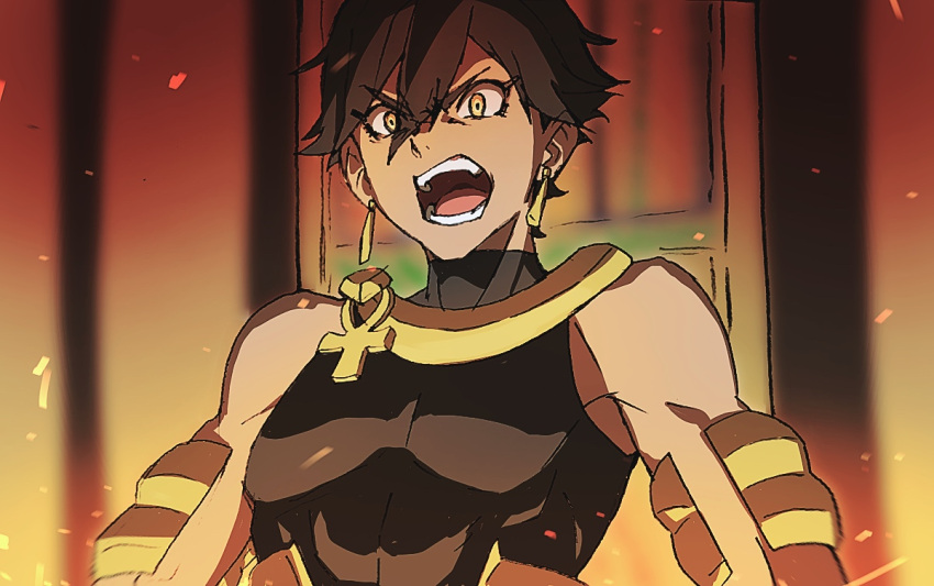 1boy angry ankh bare_shoulders black_shirt brown_hair fate/prototype fate_(series) hair_between_eyes male_focus mi_(pic52pic) open_mouth ozymandias_(fate) shirt sleeveless sleeveless_shirt solo sparks upper_body yellow_eyes