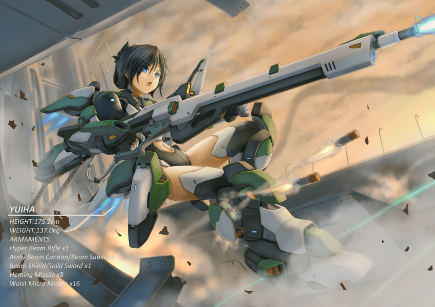 1girl armor bigrbear black_hair black_legwear blue_eyes boots character_name day eyebrows_visible_through_hair eyes_visible_through_hair fire firing gloves grey_legwear gun height highres holding holding_gun holding_weapon jet_engine jumping leotard machinery mecha_musume missile navel navel_cutout open_mouth orange_sky original outdoors rifle sky solo thigh-highs thigh_boots tied_hair two-handed weapon weight