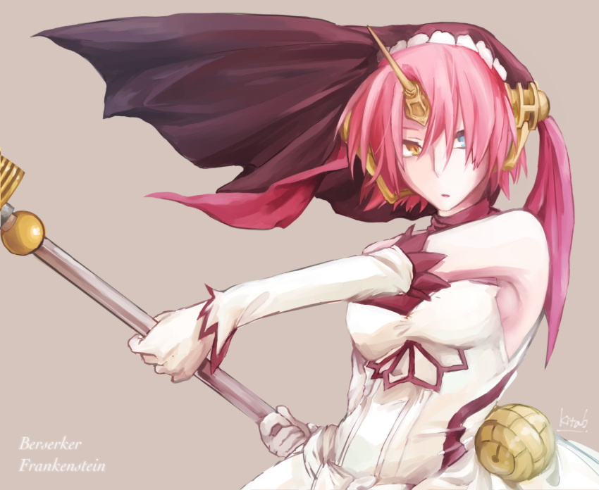 1girl akaji_(alpha0107) armpits artist_name bare_shoulders blue_eyes bridal_veil brown_background character_name dress elbow_gloves english fate/apocrypha fate_(series) frankenstein's_monster_(fate) gloves heterochromia highres holding horn looking_at_viewer mace open_mouth pink_hair short_hair solo strapless strapless_dress upper_body veil weapon white_dress white_gloves yellow_eyes