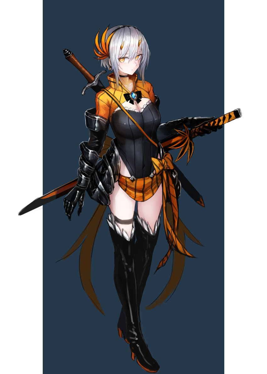 1girl absurdres boots breasts cleavage elbow_gloves full_body gloves hairband highleg highleg_leotard highres horns kasagarasu large_breasts leotard looking_at_viewer original short_hair silver_hair simple_background solo standing sword thigh-highs thigh_boots thigh_strap weapon yellow_eyes