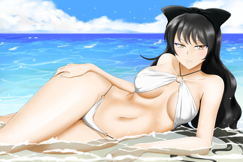 1girl absurdres alfred_cullado bikini bird black_hair blake_belladonna blue_sky breasts clouds day hand_on_hip highres huge_filesize long_hair medium_breasts navel o-ring o-ring_bikini ocean paid_reward partially_submerged patreon_reward revision rwby sky solo swimsuit water white_bikini yellow_eyes