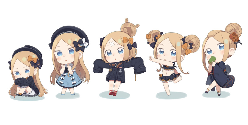1girl :&lt; :o abigail_williams_(fate) bangs bare_arms bare_shoulders barefoot beret black_bow black_dress black_footwear black_headwear black_jacket black_kimono blonde_hair bloomers blue_dress blue_eyes blush bow chibi commentary_request double_bun dress emerald_float fate/grand_order fate_(series) forehead hair_bow hair_bun hat heroic_spirit_traveling_outfit highres holding jacket japanese_clothes kimono knees_up long_sleeves multiple_views orange_bow outstretched_arms parted_bangs parted_lips polka_dot polka_dot_bow red_footwear shadow shoes sidelocks sitting sleeves_past_fingers sleeves_past_wrists spread_arms standing standing_on_one_leg tears totatokeke triangle_mouth underwear white_background white_bloomers white_bow white_footwear wide_sleeves