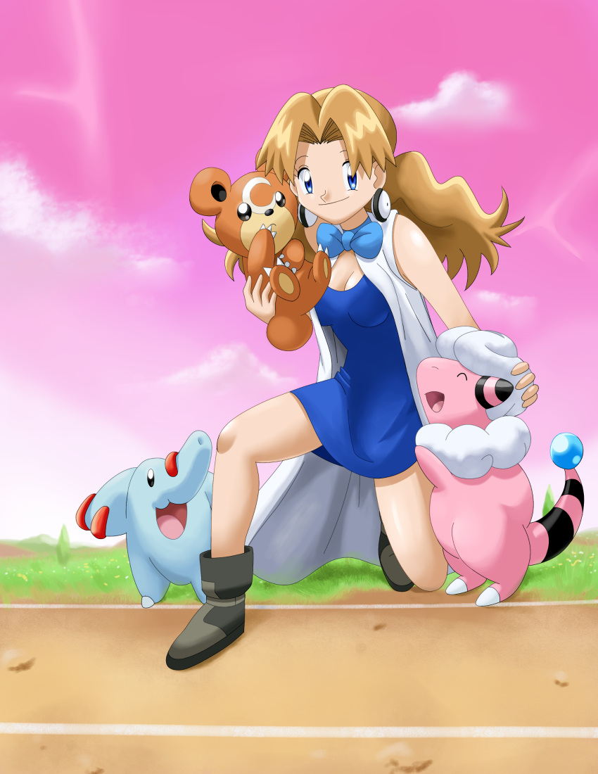 1girl absurdres aggrav8edartist blue_dress blue_eyes boots bow breasts brown_hair cleavage dress earrings flaaffy highres jewelry long_hair mii_snowdon older one_knee phanpy pokemon pokemon_(anime) pokemon_(creature) short_dress sleeveless sleeveless_dress smile solo teddiursa