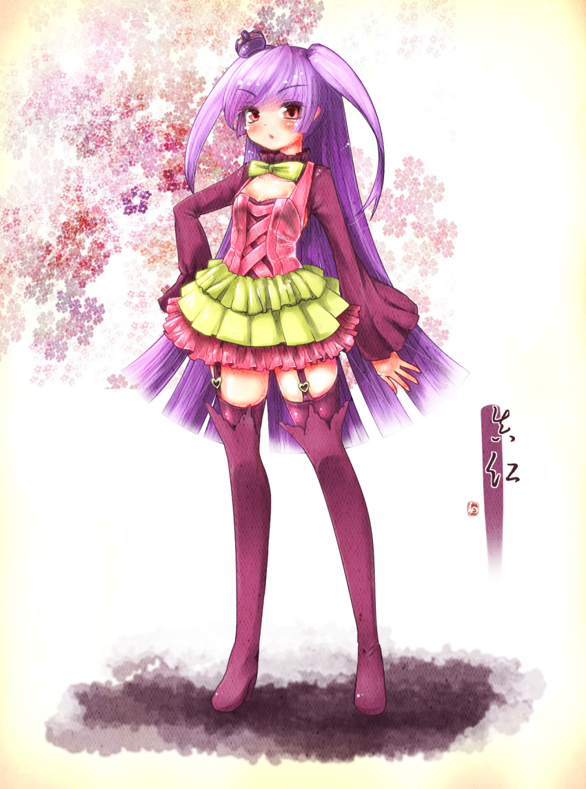 1girl alternate_color blush boots breasts dress eyebrows_visible_through_hair full_body garter_straps hand_on_hip hat highres knee_boots long_hair long_sleeves looking_at_viewer mini_hat personification pink_eyes pokemon purple_footwear purple_hair purple_hat purple_legwear shiny_pokemon small_breasts solo standing takanashi_hiyori thigh-highs tsareena two_side_up very_long_hair